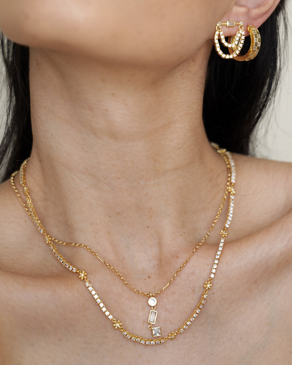 Checkerboard Pavé Hoops - Gold — another angle