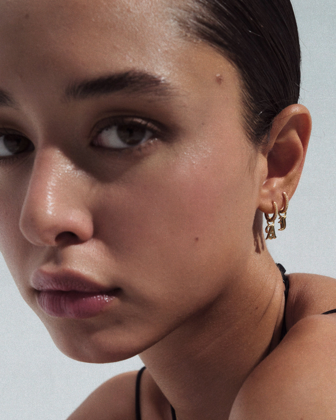 Pavé Metal Hoops with Initial Charms [Old English] — detail view