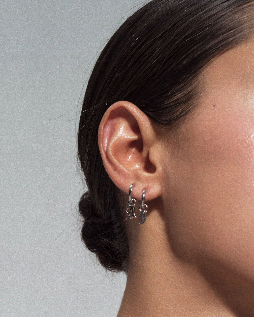 Plain Metal Hoops with Initial Charms [Old English] — detail view