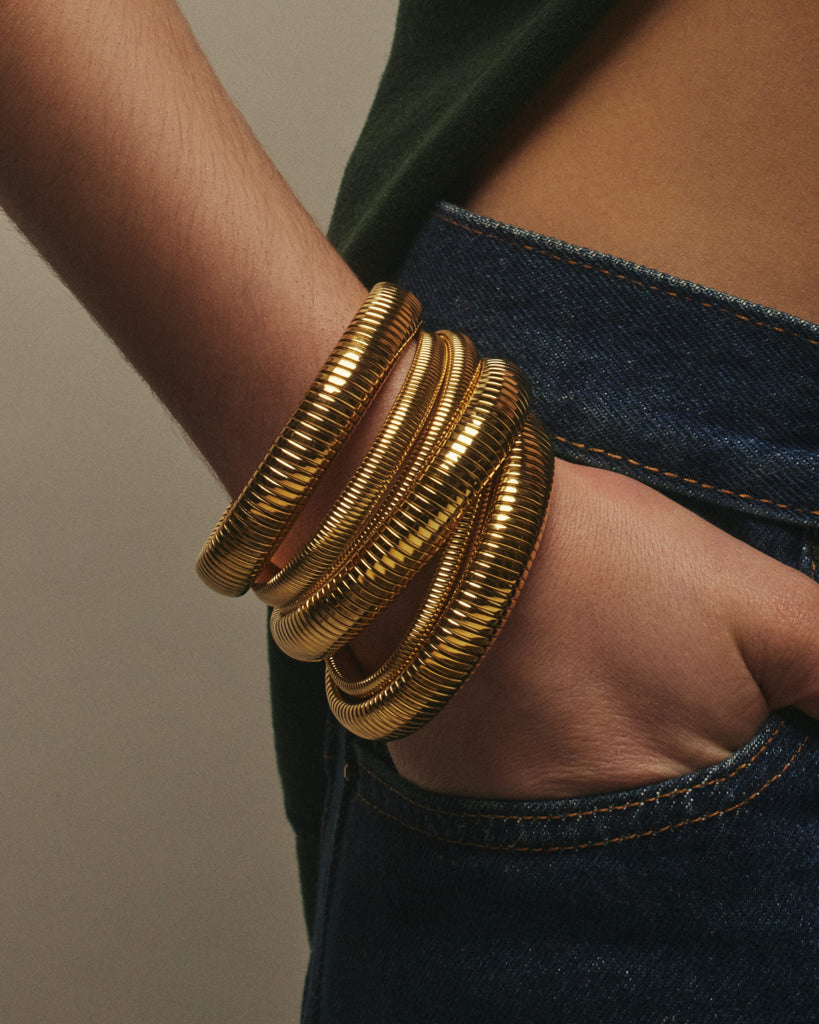 Flex Snake Chain Bracelet- Set of 3 (12mm wide) - Gold — detail view