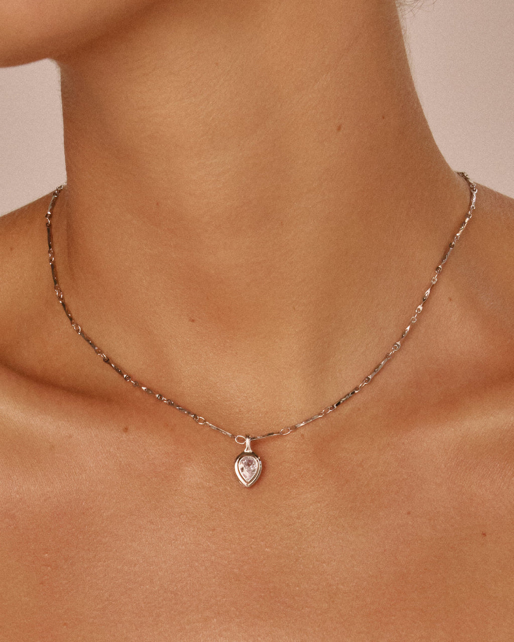 Pear Double Bezel Charm Necklace — another angle