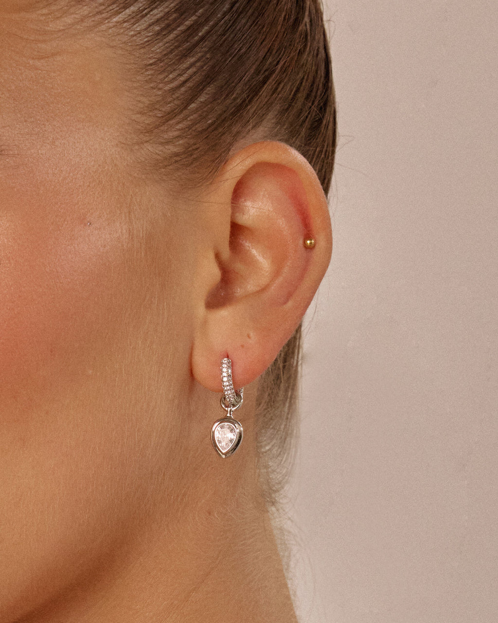 Pear Double Bezel Charm Huggies — alternate angle