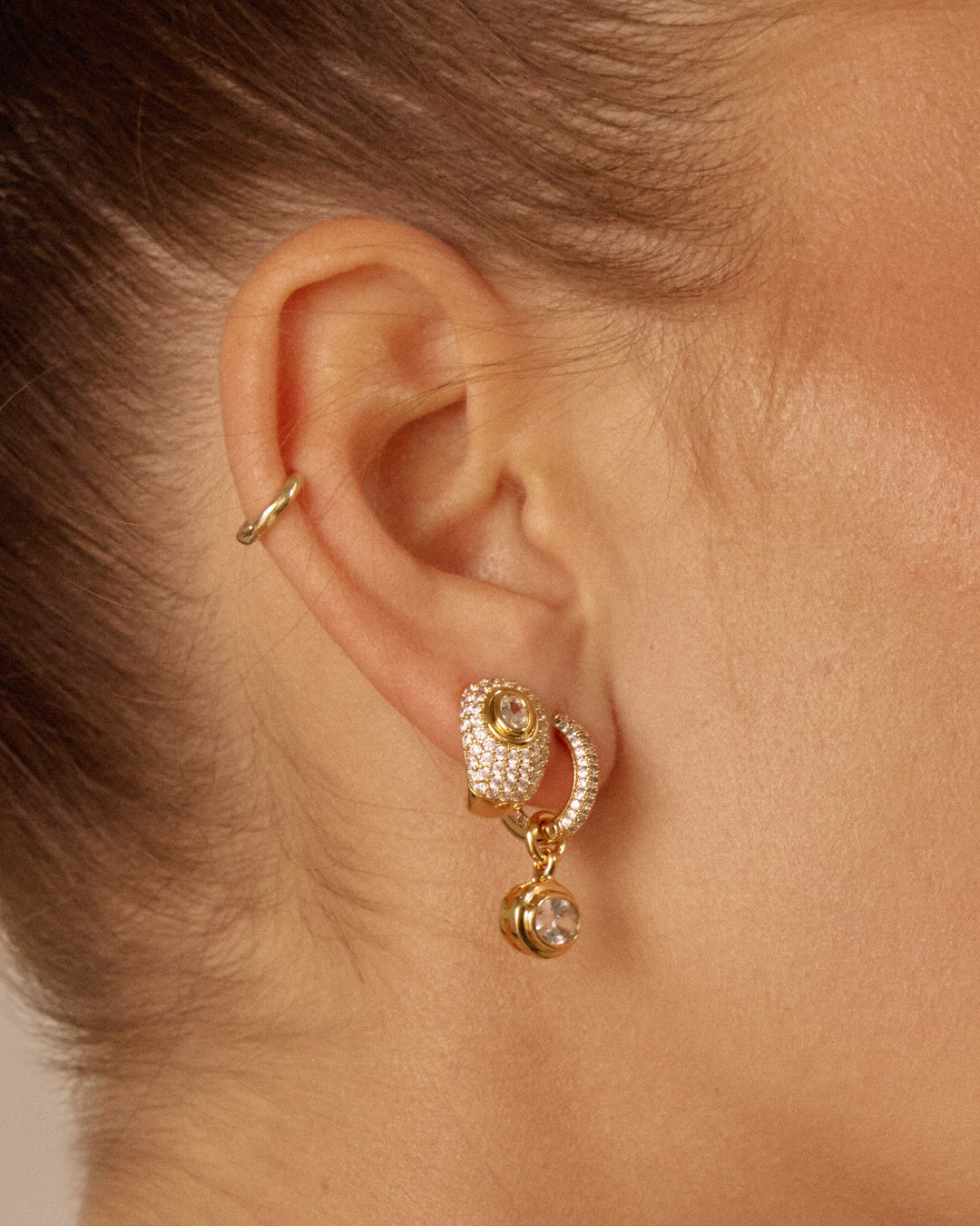 Oval Double Bezel Charm Huggies — detail view