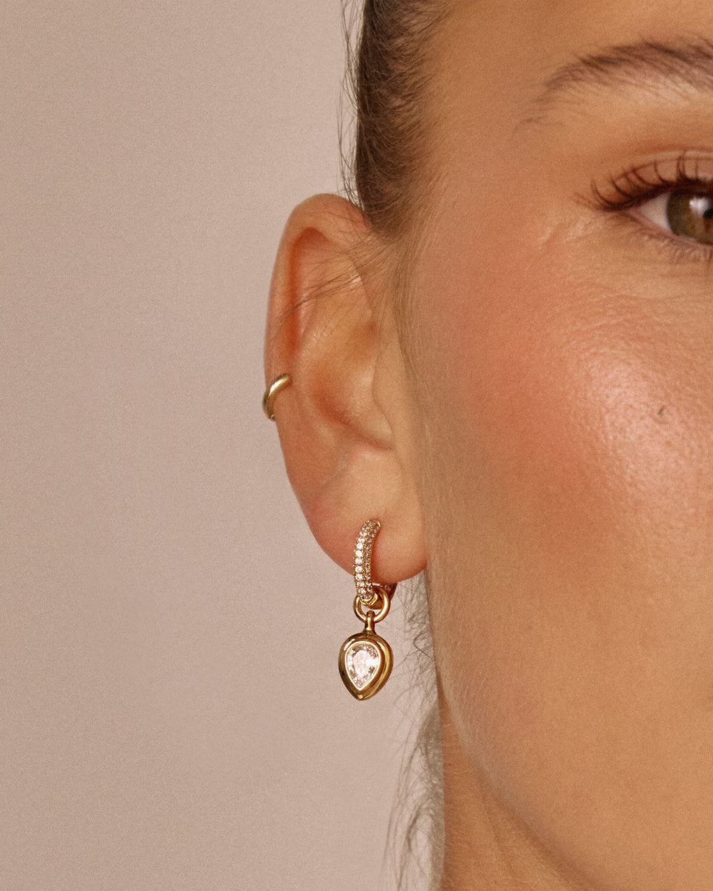 Pear Double Bezel Charm Huggies — another angle