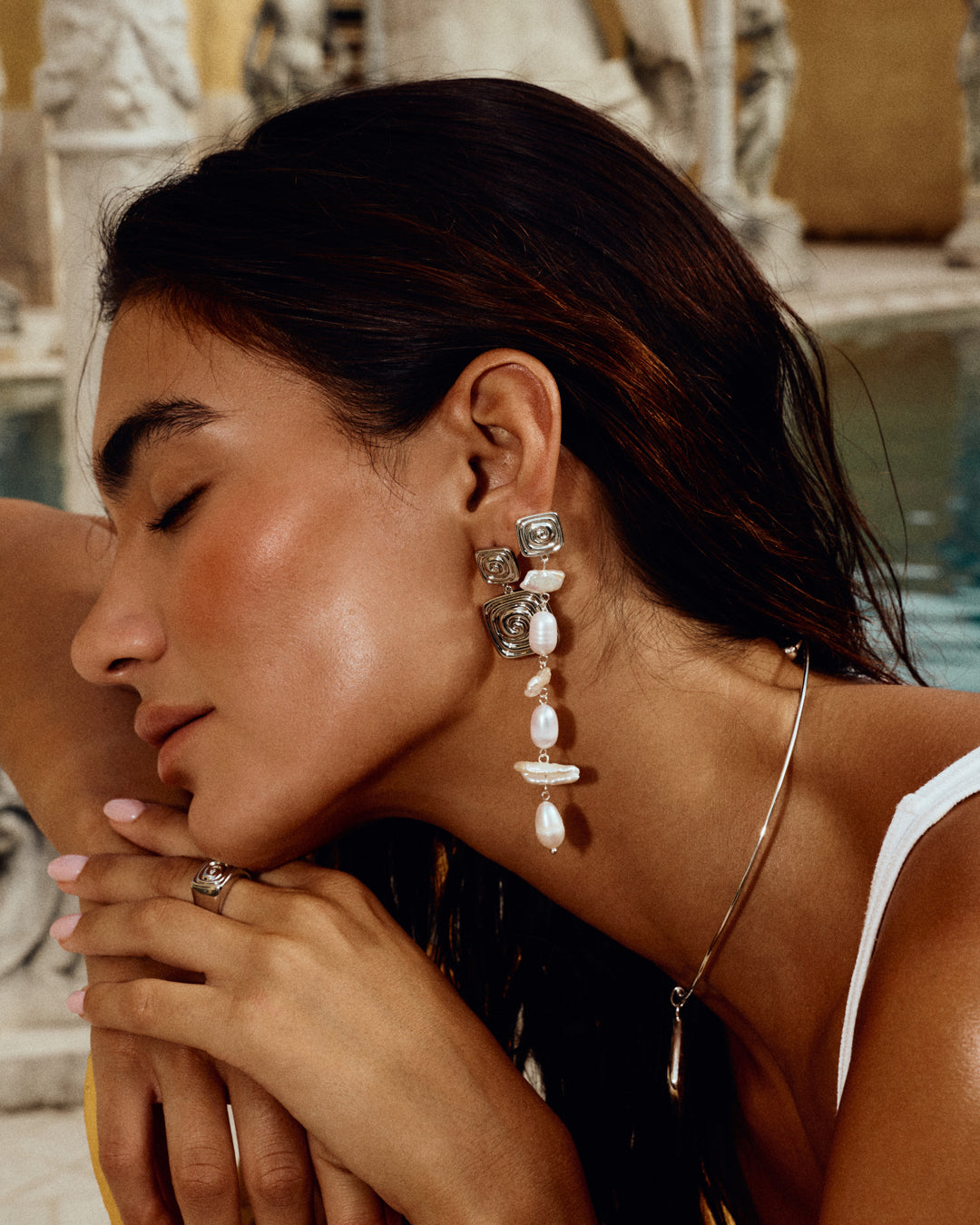 Seychelles Pearl Drop Studs - Silver - Earrings — another angle