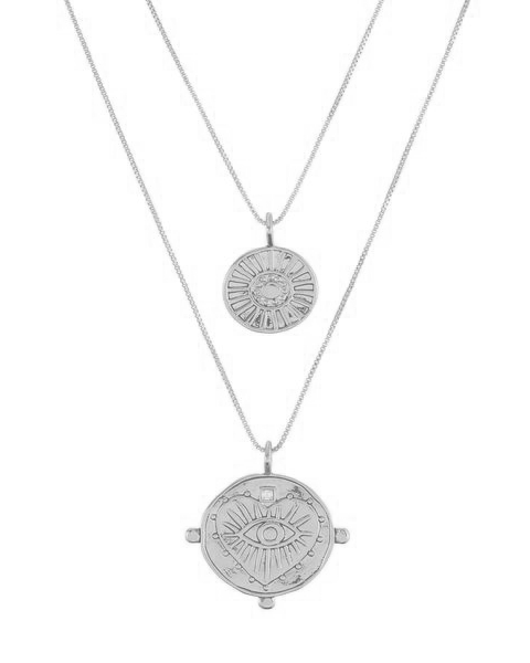 Evil Eye Double Coin Necklace - Silver in Gold