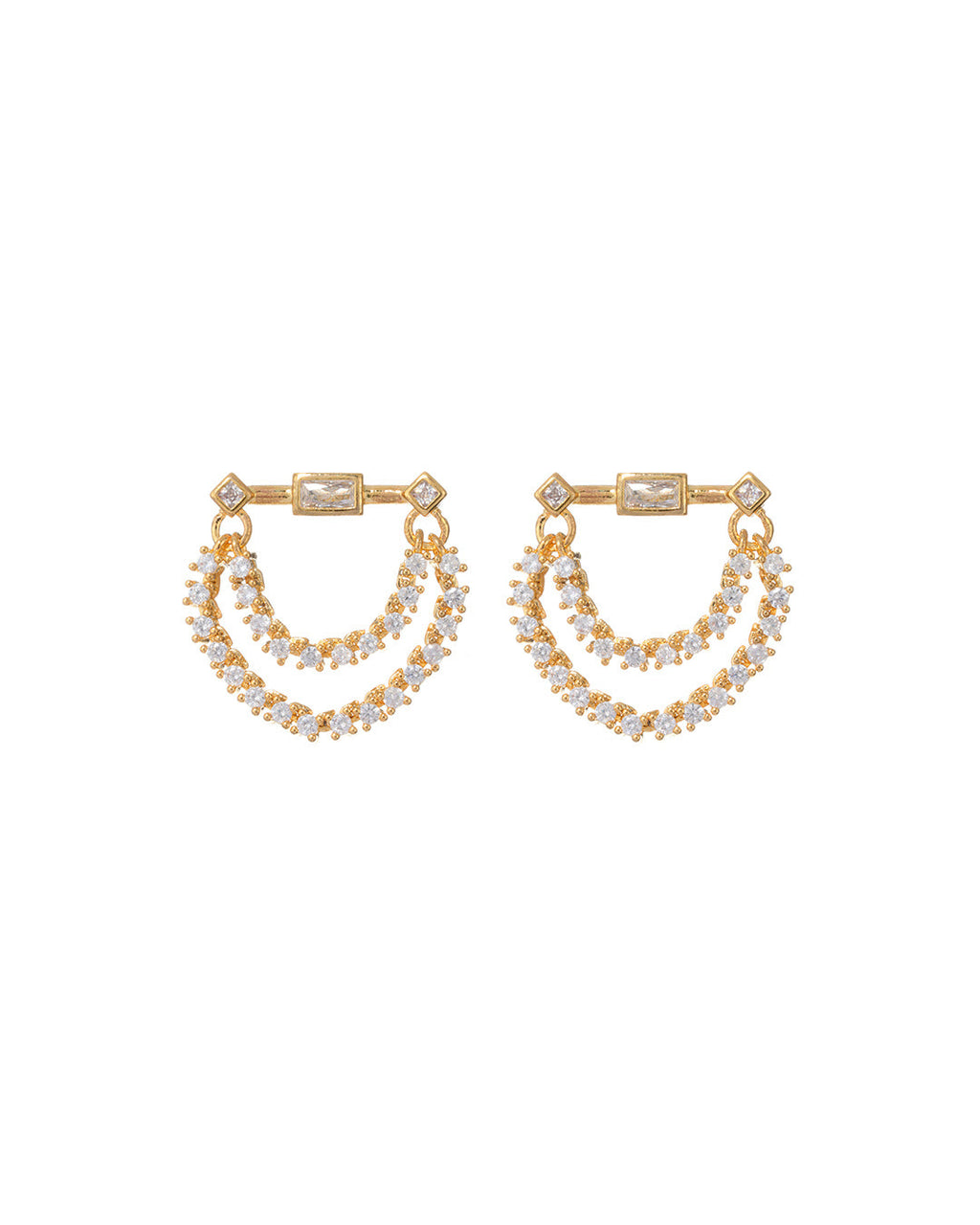 Baguette Hanging Chain Studs - Gold