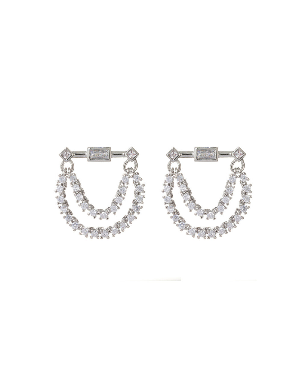 Baguette Hanging Chain Studs - Silver
