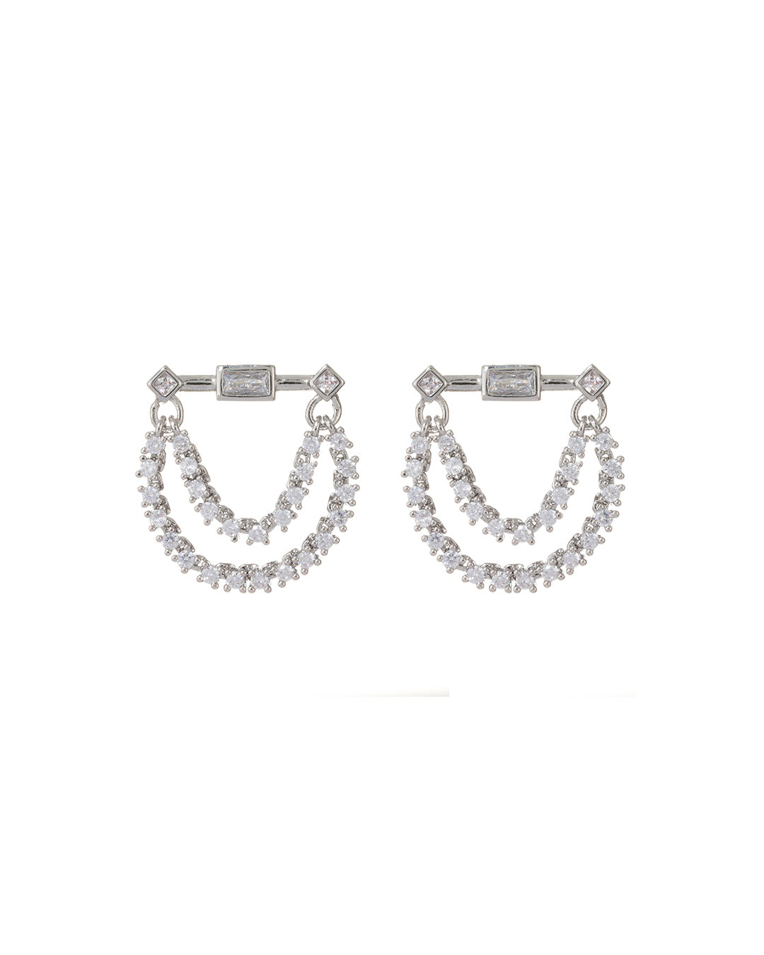 Baguette Hanging Chain Studs - Silver