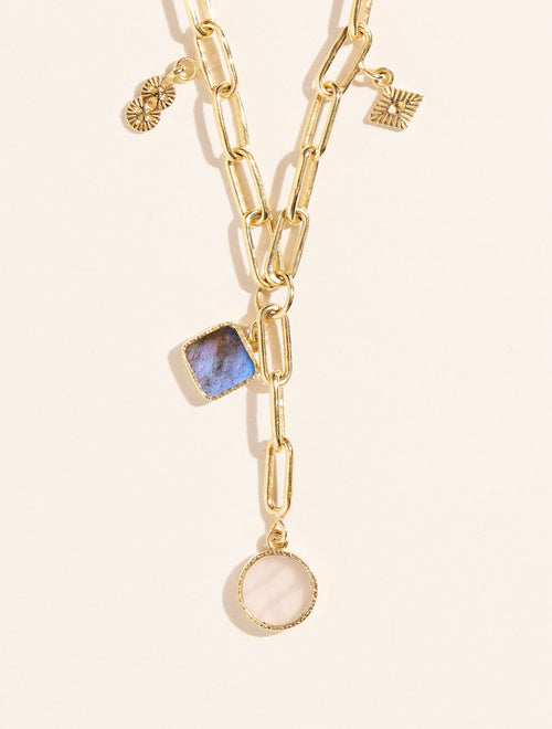 Arya Long Necklace - Labradorite and Quartz Pink - front view