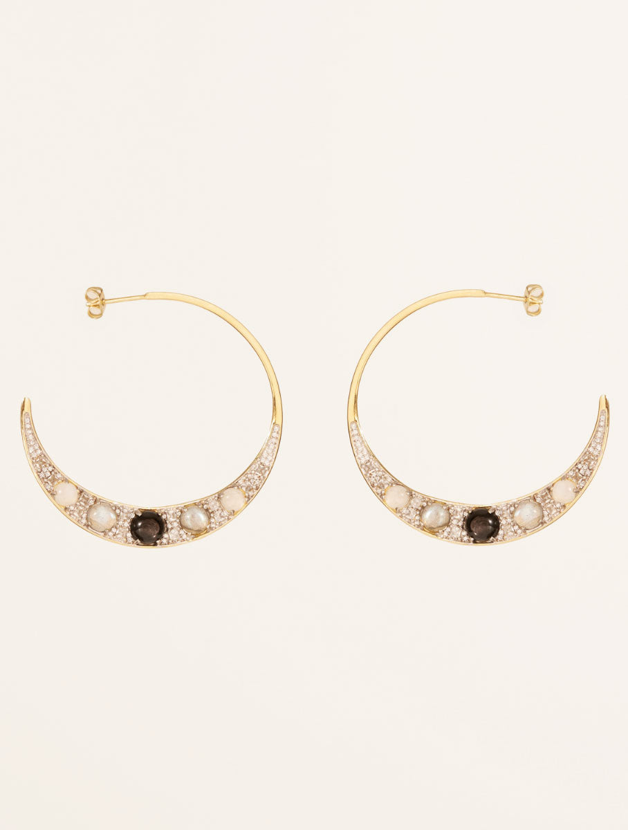 Mirage Earrings - Onyx, Labradorite & Stone of Moon - front view