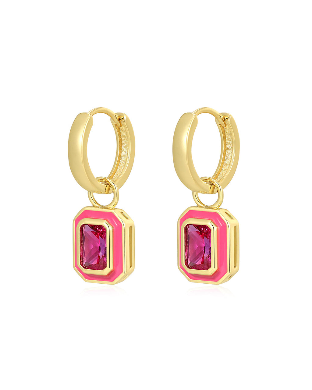 Bezel Huggies- Hot Pink- Gold - Earrings