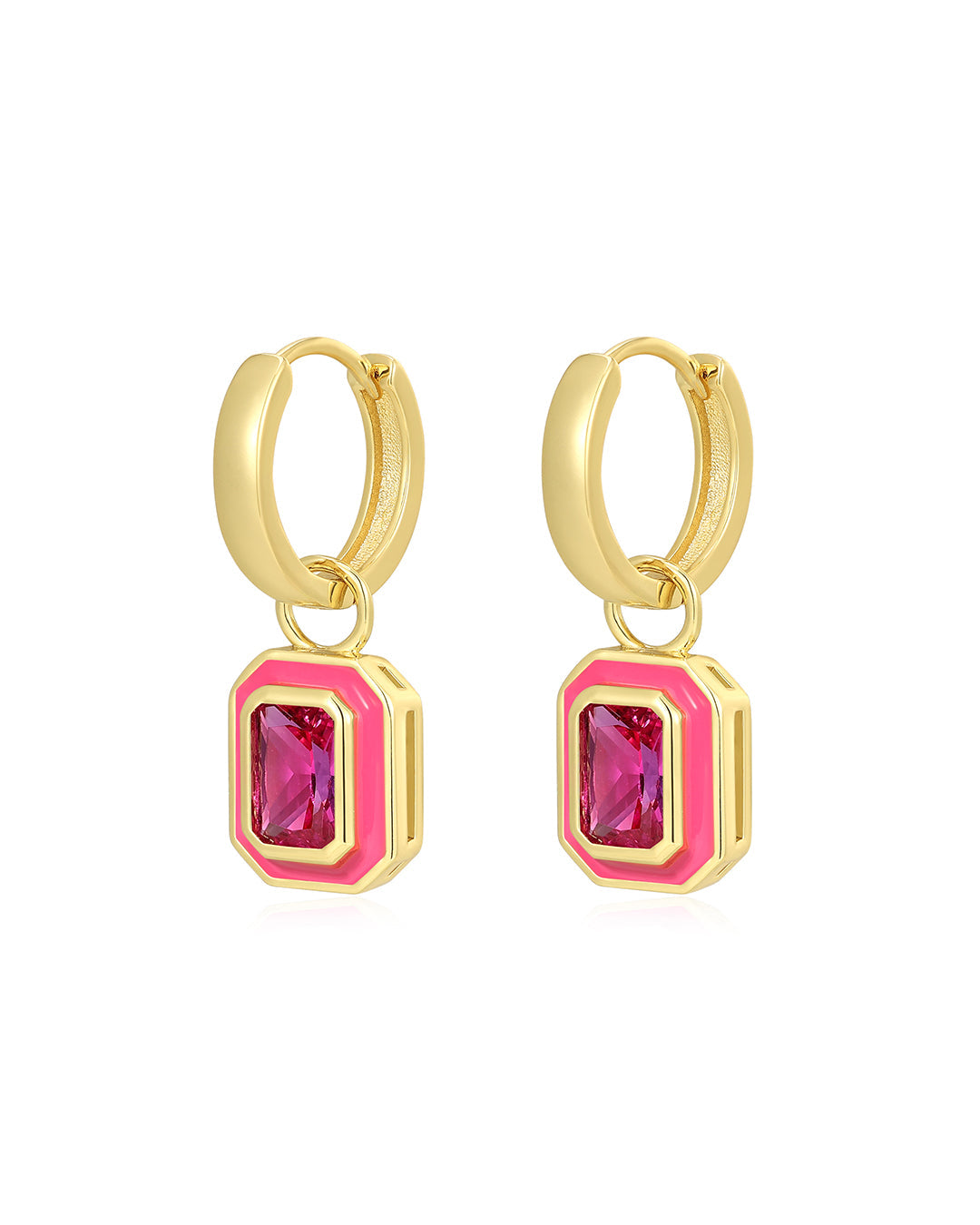 Bezel Huggies- Hot Pink- Gold - Earrings