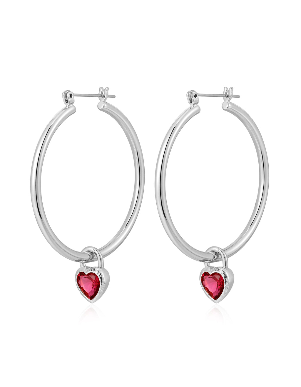 Bezel Heart Charm Hoops - Silver