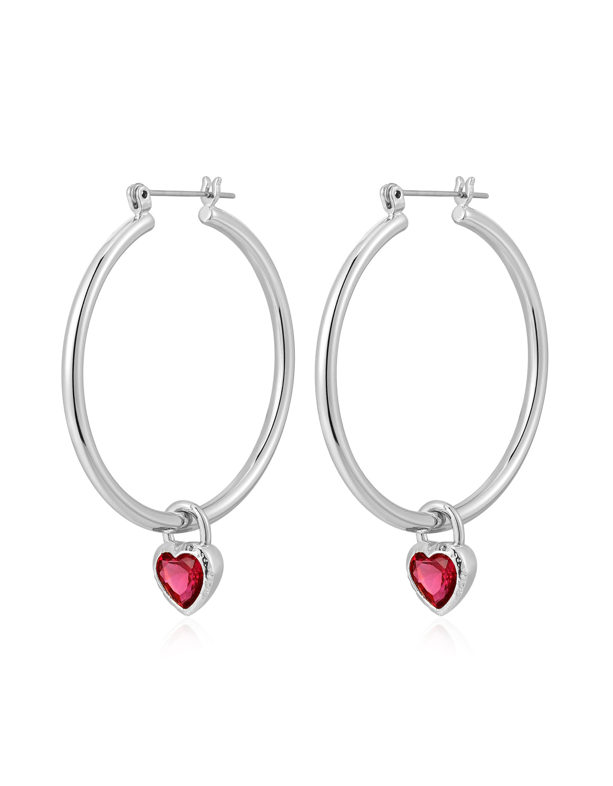 Bezel Heart Charm Hoops - Silver