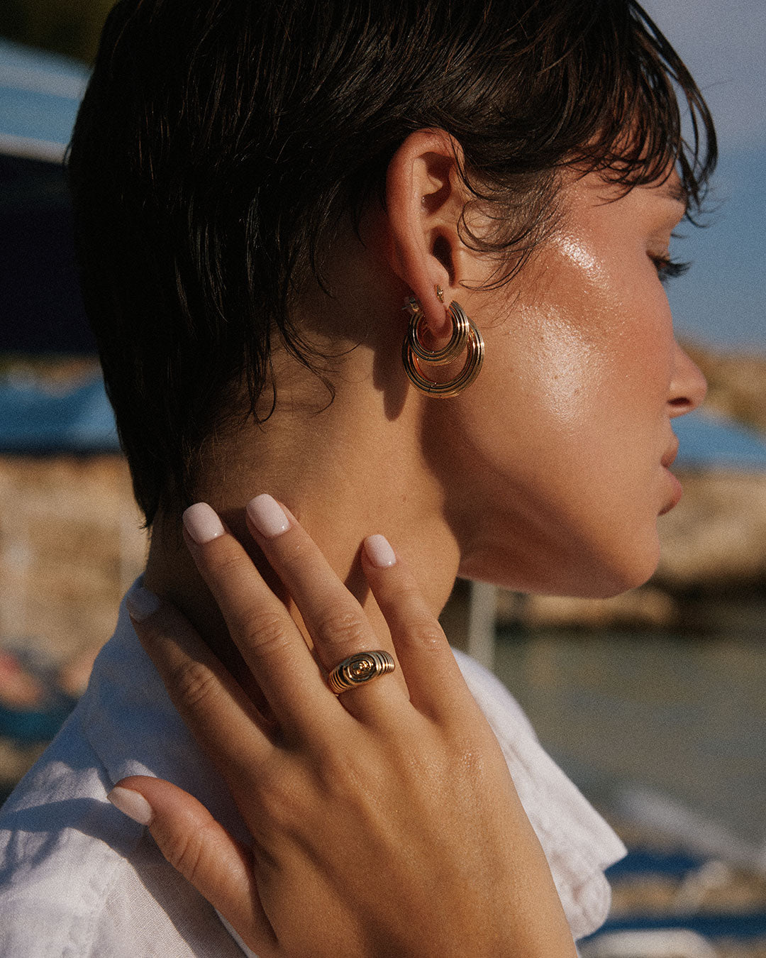 Mini Ridged Amalfi Hinge Hoops — another angle