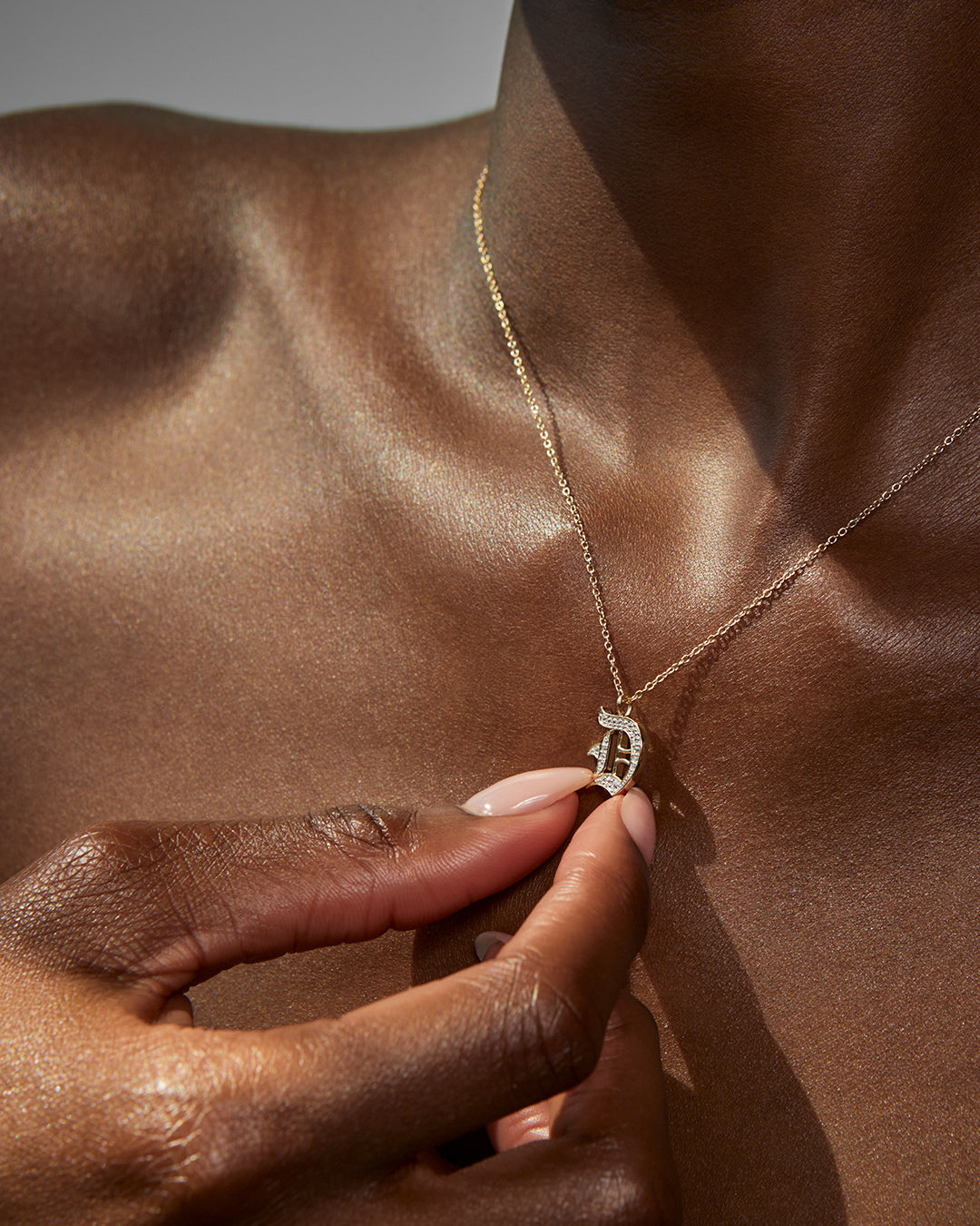 Pavé Initial Necklace— Old English — detail view
