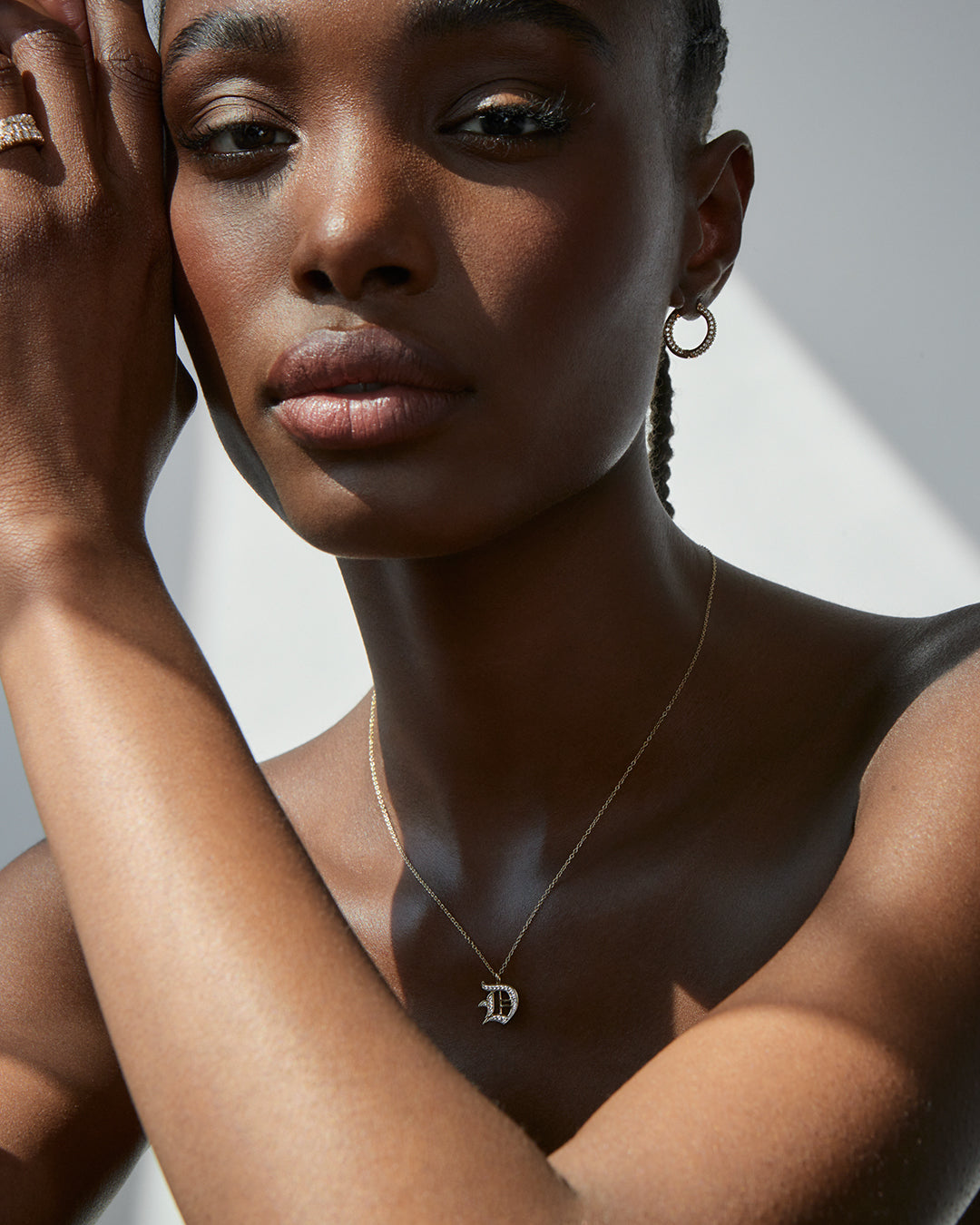 Pavé Initial Necklace— Old English — alternate angle