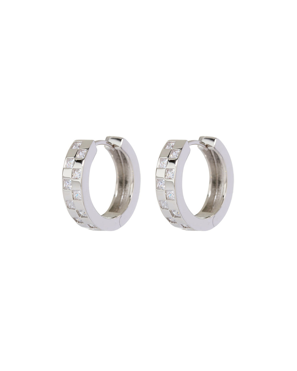 Checkerboard Pavé Hoops - Silver