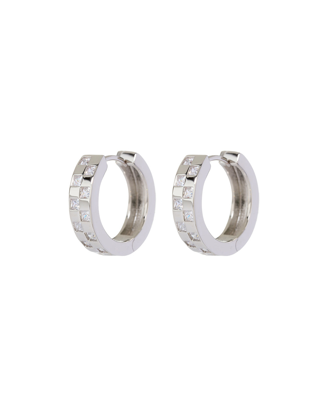 Checkerboard Pavé Hoops - Silver