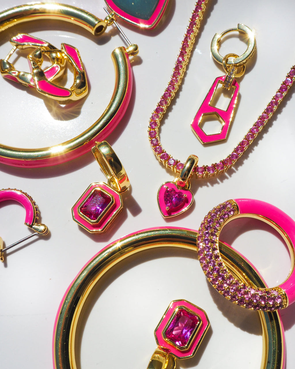 Bezel Huggies- Hot Pink- Gold - Earrings — alternate view 2
