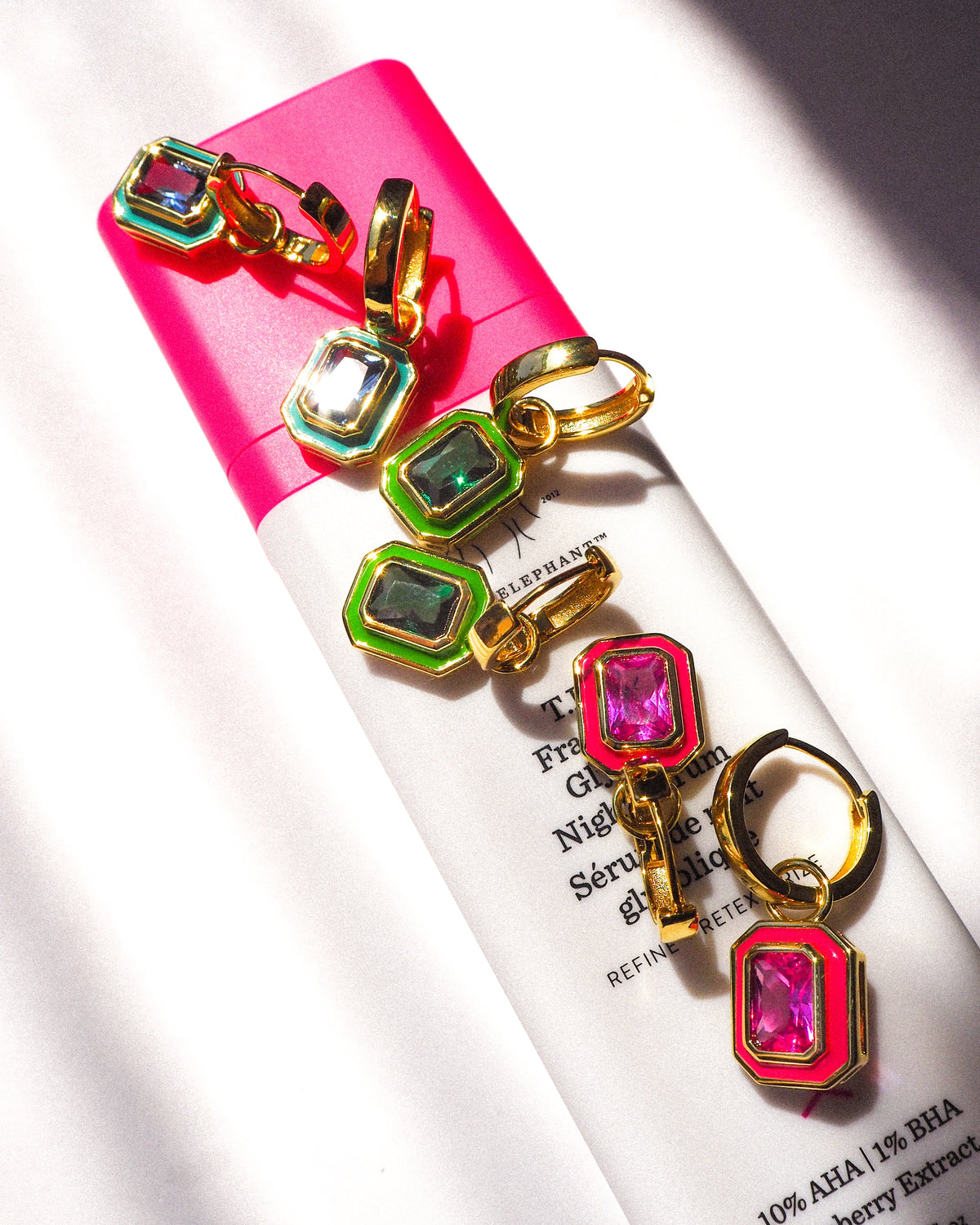 Bezel Huggies- Hot Pink- Gold - Earrings — alternate view