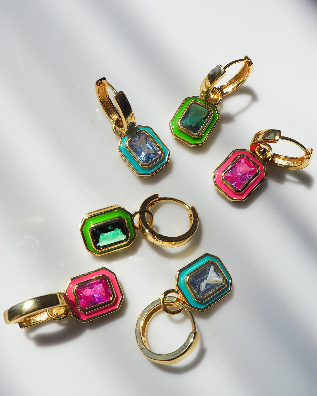 Bezel Huggies- Hot Pink- Gold - Earrings — detail view