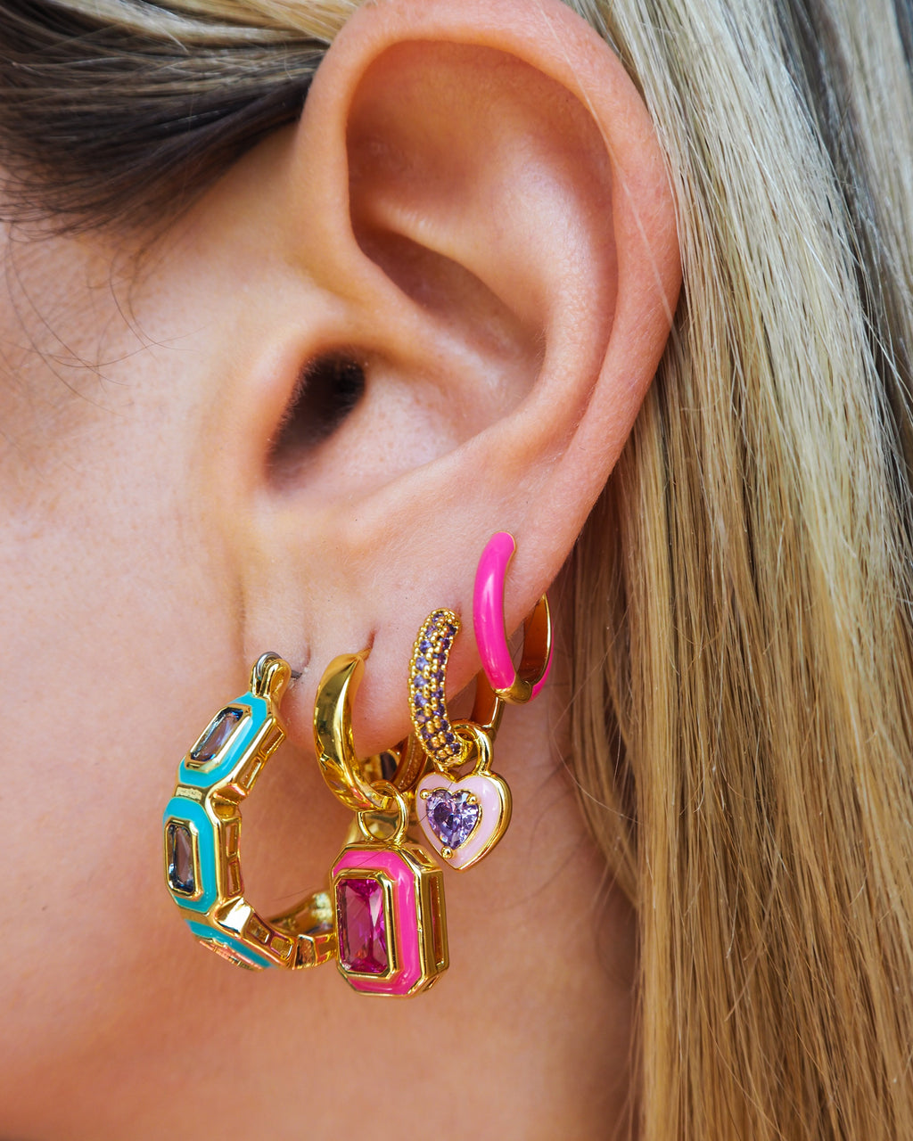 Bezel Huggies- Hot Pink- Gold - Earrings — another angle