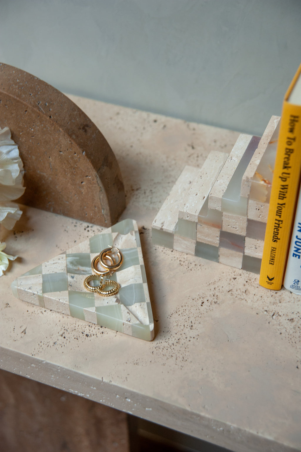 Triangle Travertine Tray — detail view