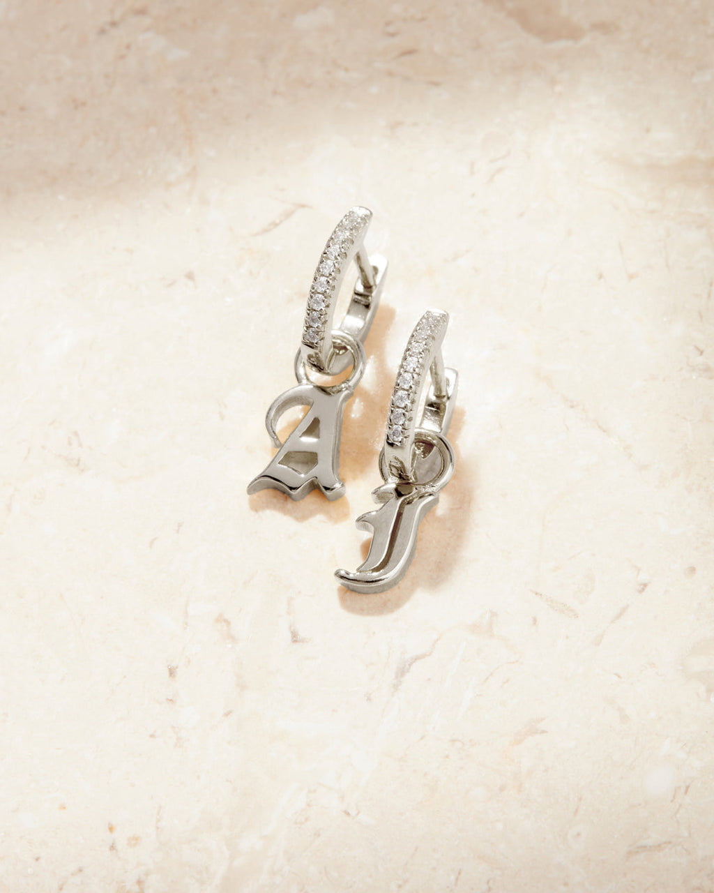 Pavé Metal Hoops with Initial Charms [Old English] — alternate view