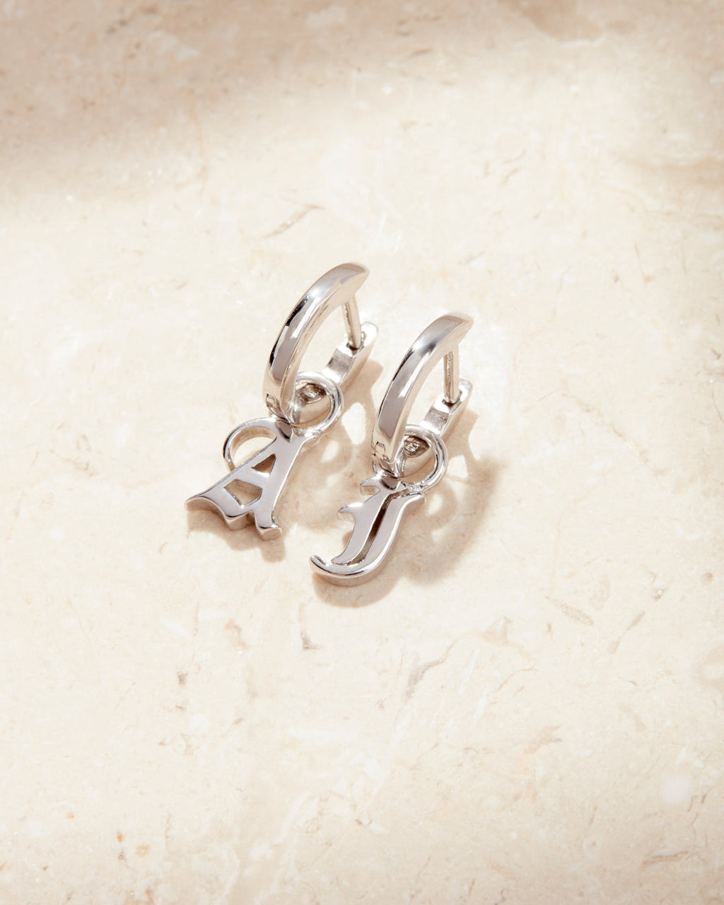 Plain Metal Hoops with Initial Charms [Old English] — alternate view