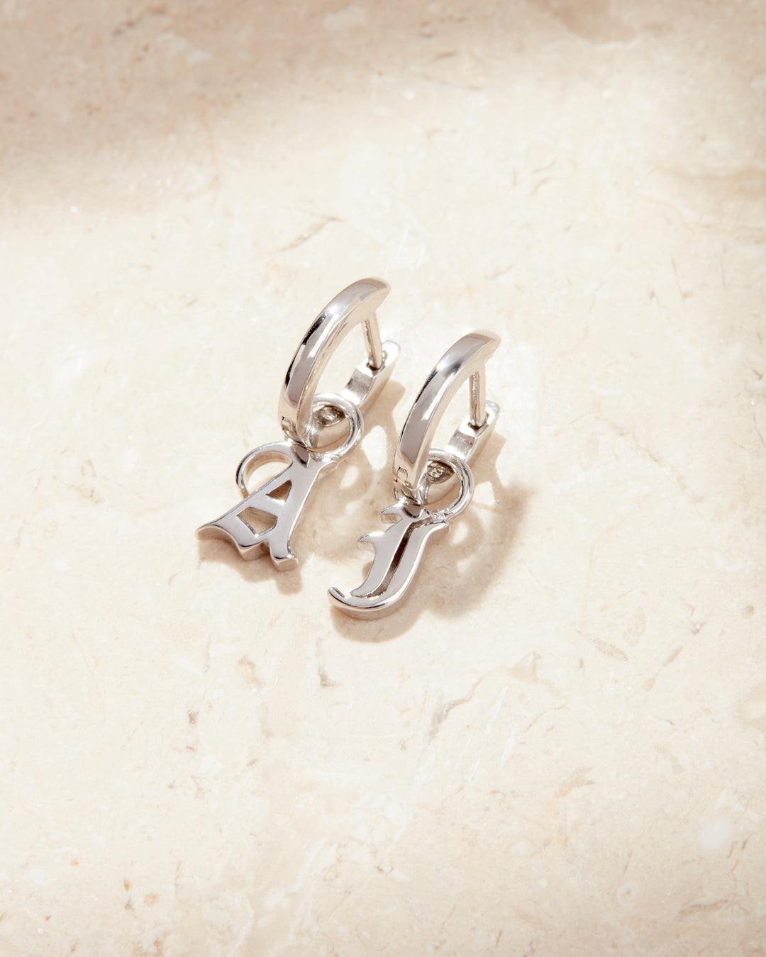Plain Metal Hoops with Initial Charms [Old English] — alternate view