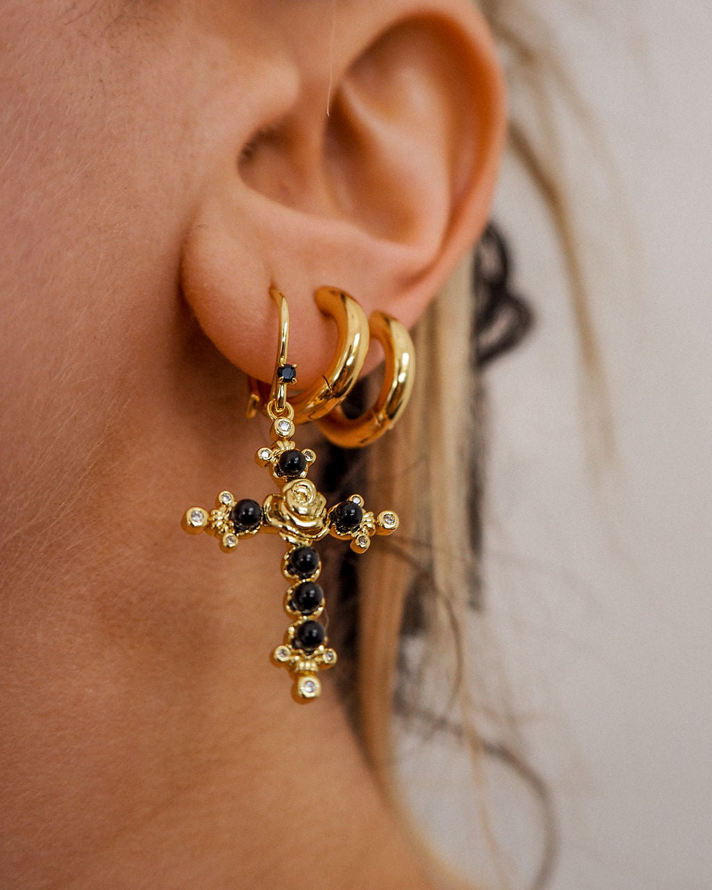 Onyx Rose Cross Hoops - Gold — another angle