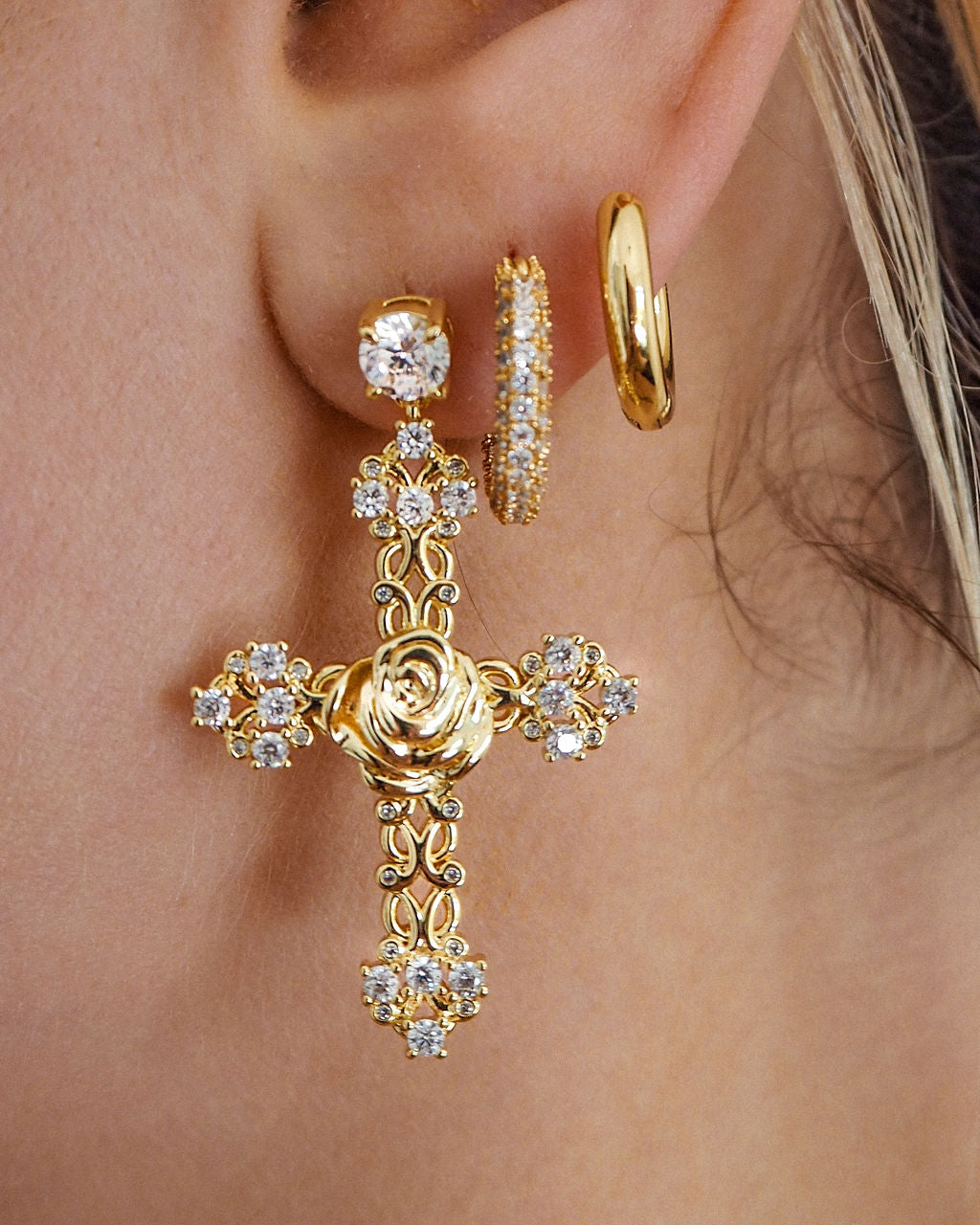 Rosa Cross Statement Earrings - Gold — detail view