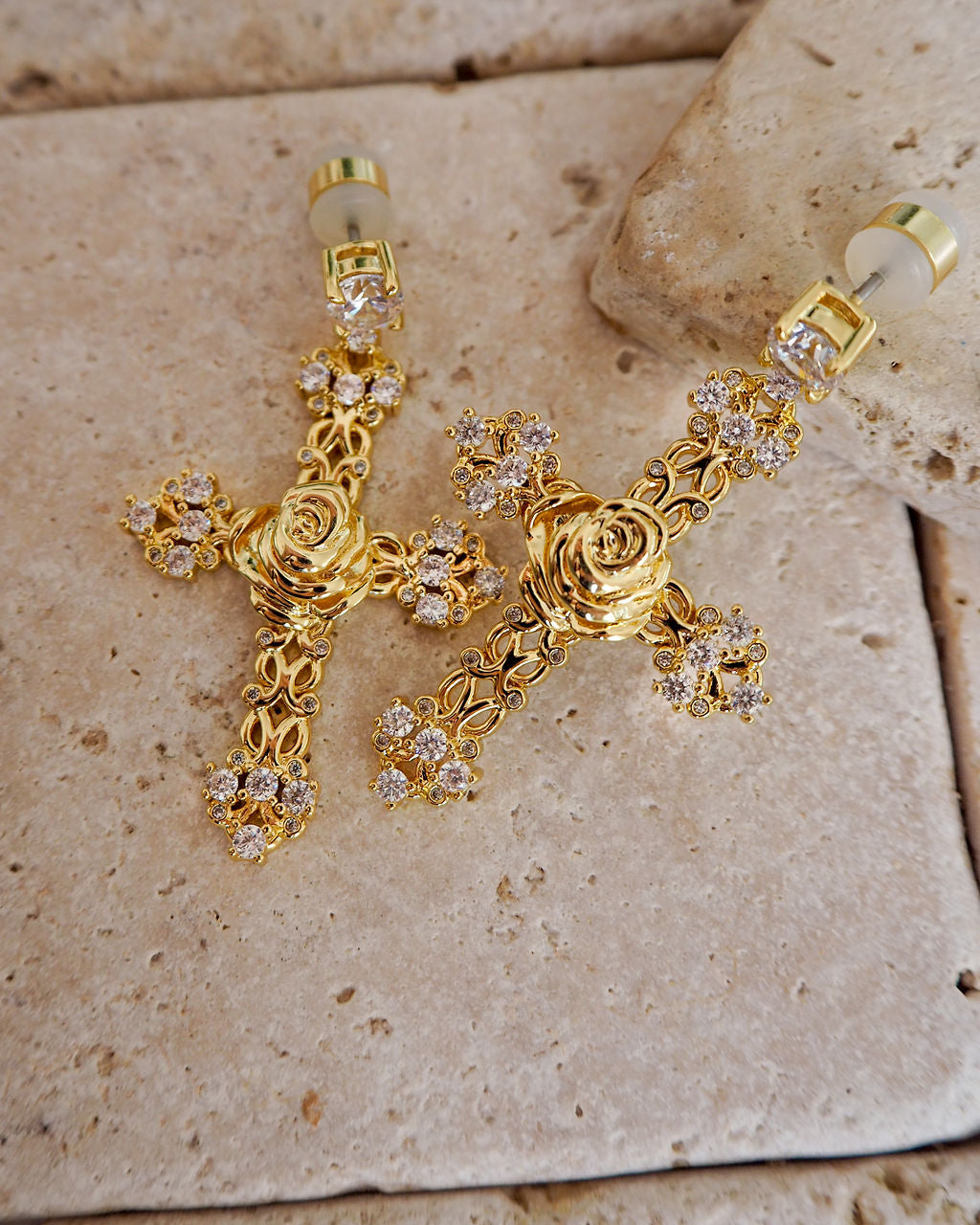Rosa Cross Statement Earrings - Gold — another angle