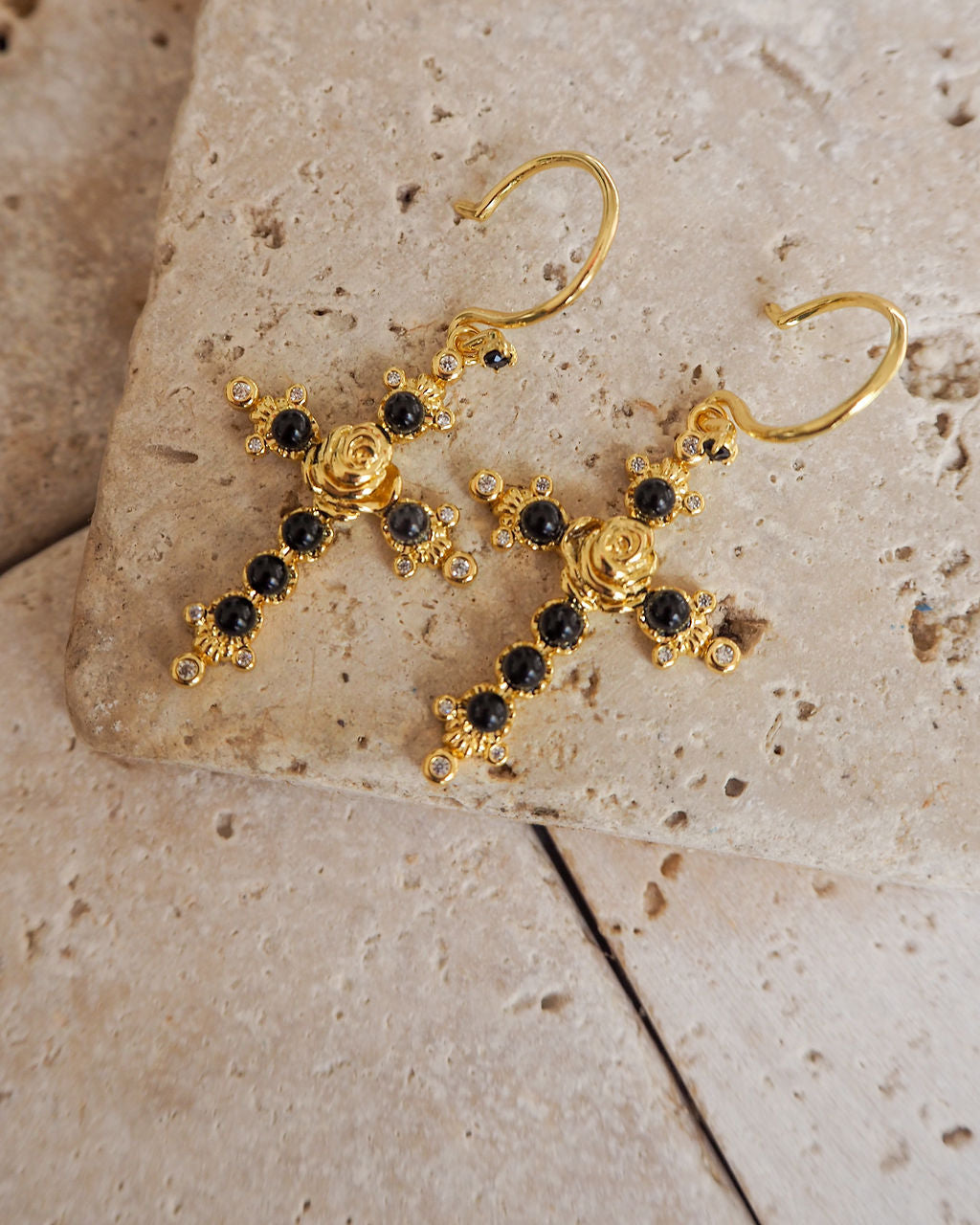 Onyx Rose Cross Hoops - Gold — detail view