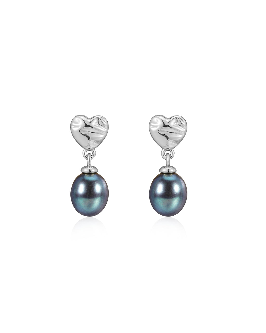 Hammered Heart Pearl Studs in Silver - Earrings — alternate view