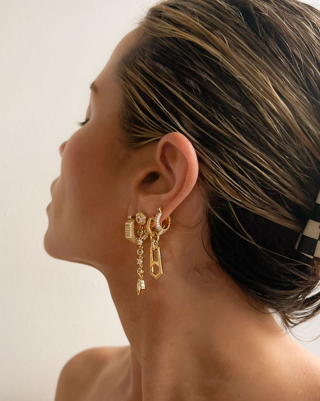 Stellar Bezel Drop Studs - Gold - Earrings — another angle