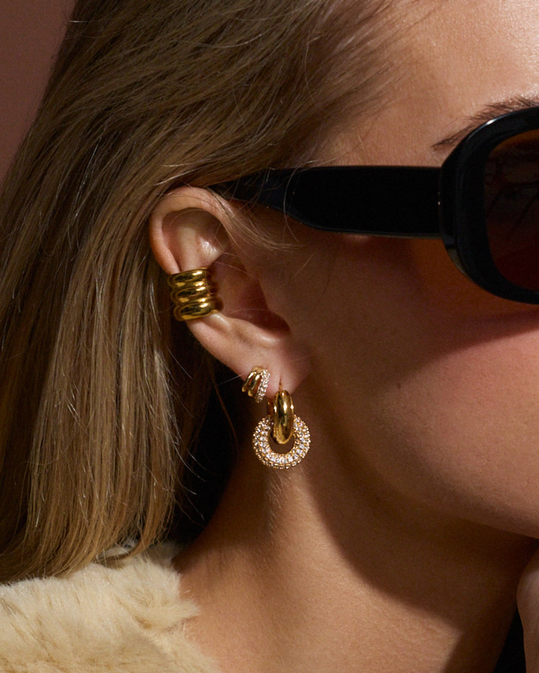 Ridged Positano Ear Cuff Set - Silver in Gold - Earrings — detail view