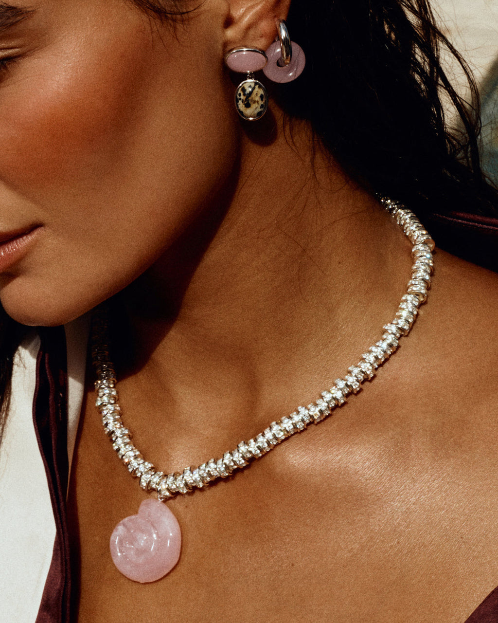 Rose Quartz Rio Rhinestone Necklace - Gold in Silver — another angle