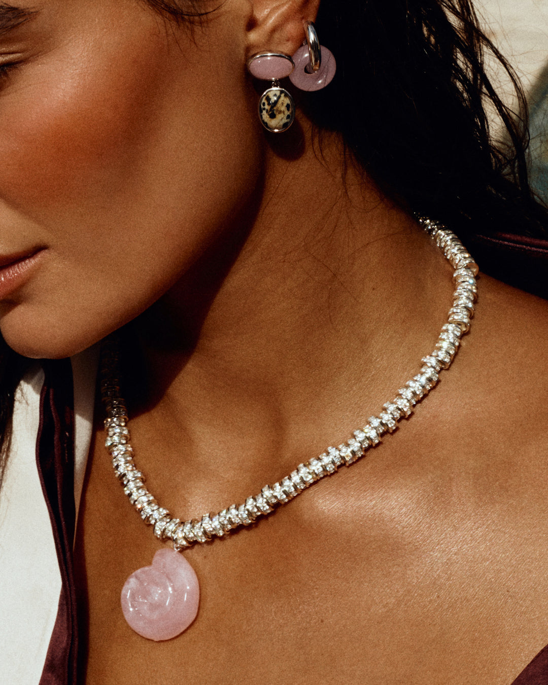 Rose Quartz Rio Rhinestone Necklace - Gold in Silver — another angle