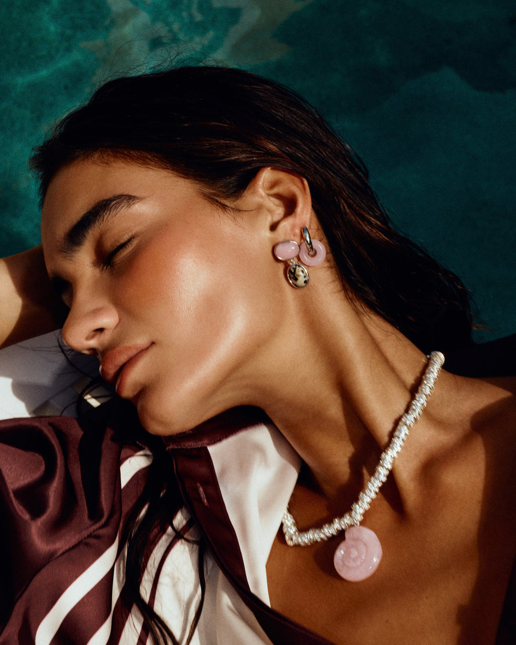 Rose Quartz Palma Studs - Silver in Rose Gold - Earrings — detail view