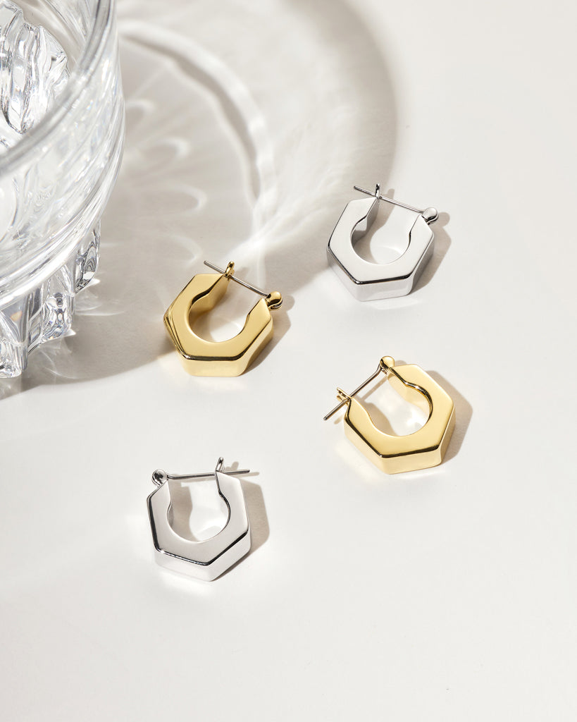 Hex Bolt Huggies - Silver - Earrings — alternate view