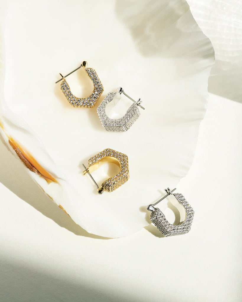 Pavé Hex Bolt Huggies - Silver - Earrings — detail view