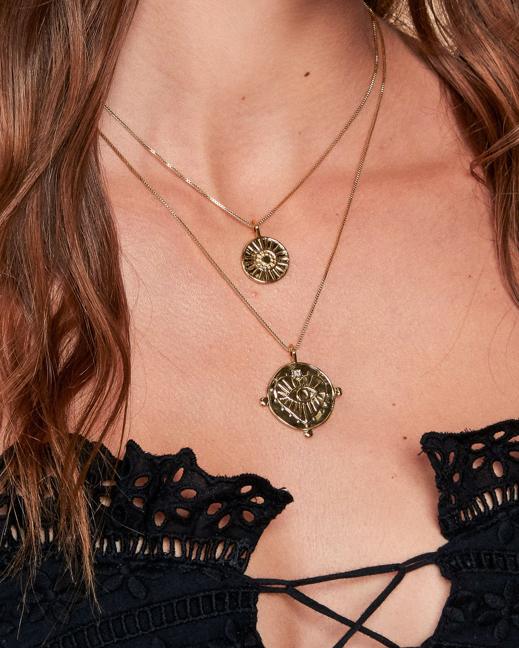 Evil Eye Double Coin Necklace - Gold — alternate view 2