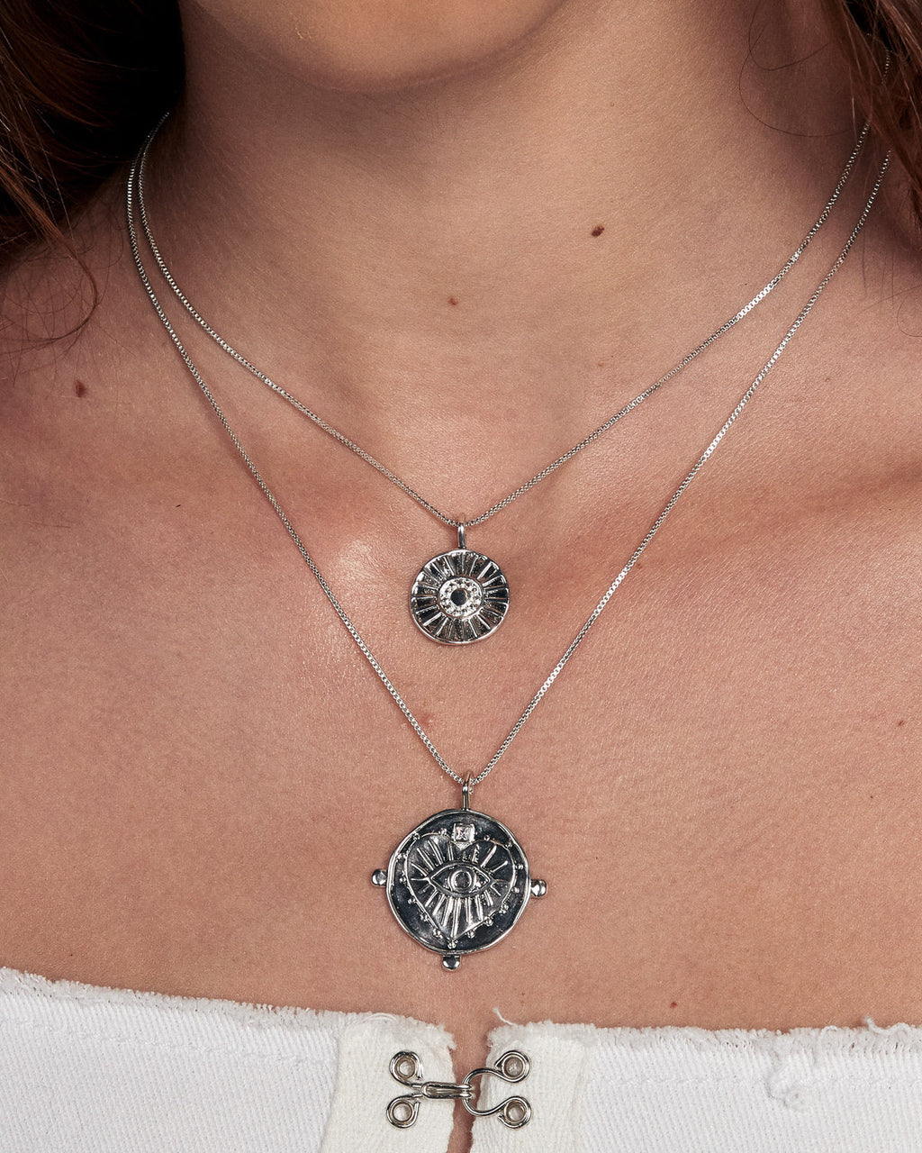 Evil Eye Double Coin Necklace - Silver — detail view