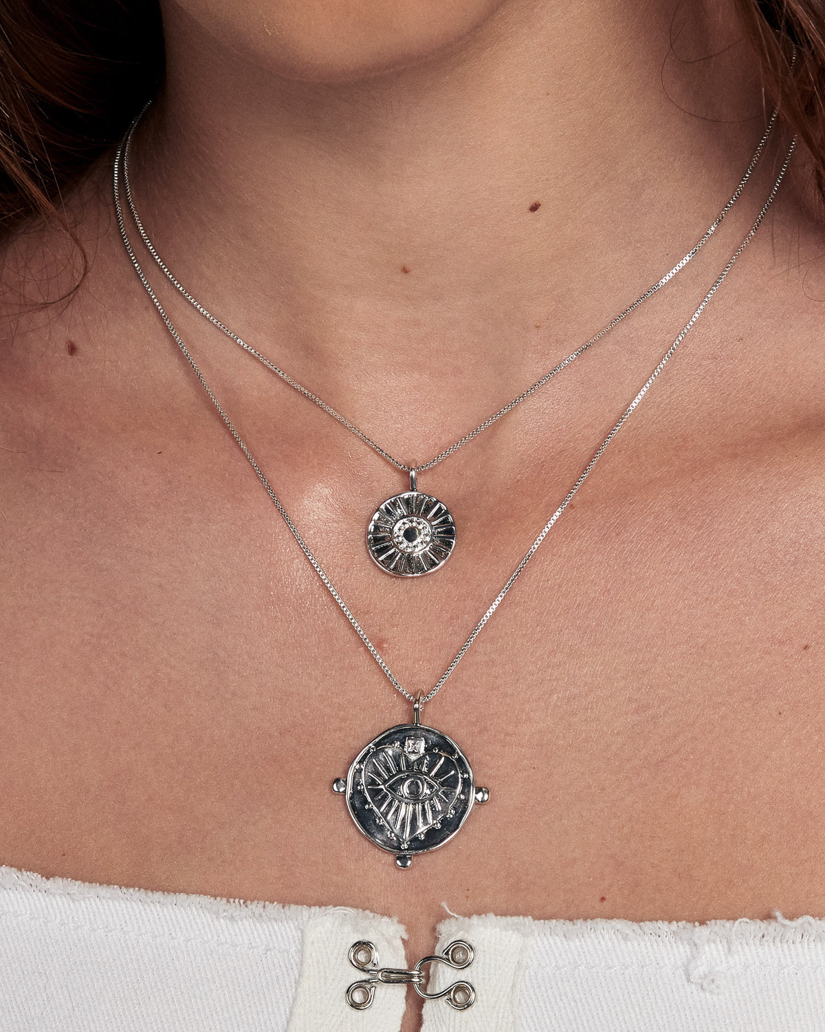 Evil Eye Double Coin Necklace - Silver — detail view