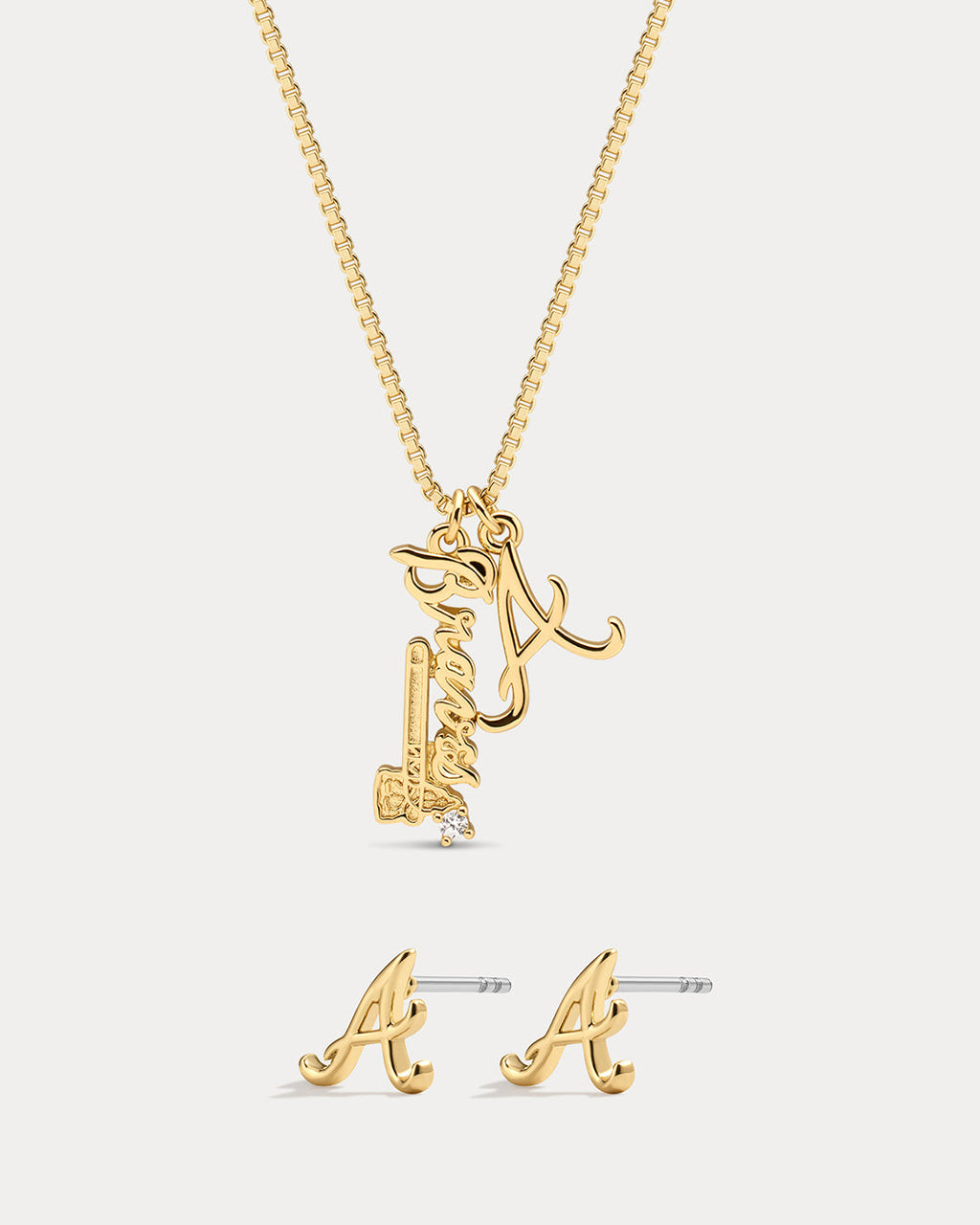 Bijoux MLB Logo Studs & Layered Nameplate Necklace Bundle - Gold — set view