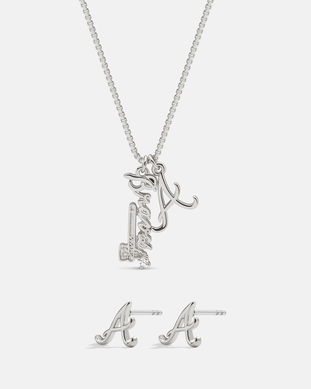 Bijoux MLB Logo Studs & Layered Nameplate Necklace Bundle - Silver — set view