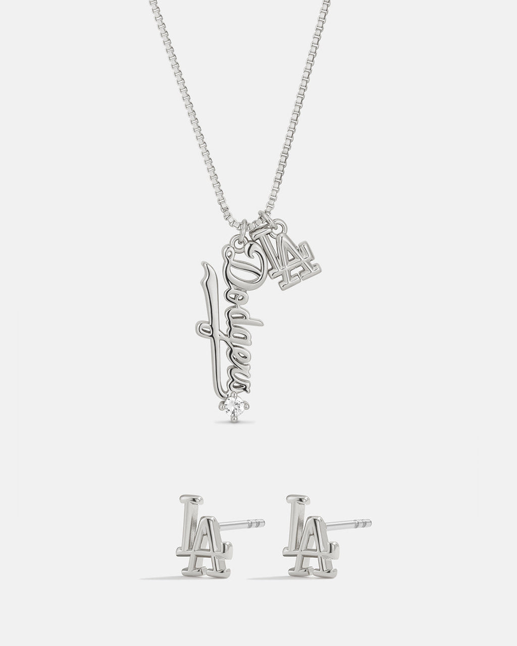 Bijoux MLB Logo Studs & Layered Nameplate Necklace Bundle - Silver — set view